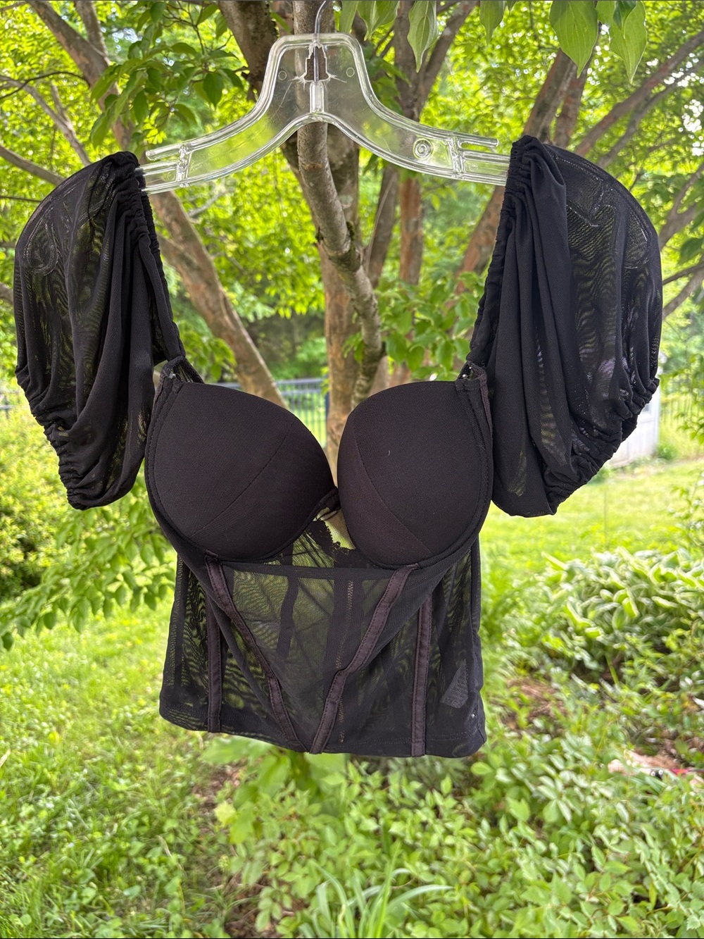 Black Sheer Bustier Top with Puff Sleeves M